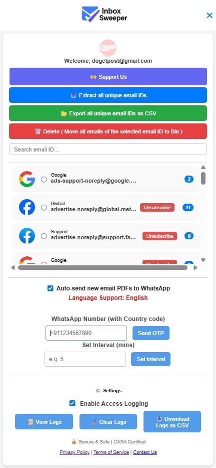 Inbox Sweeper Interface